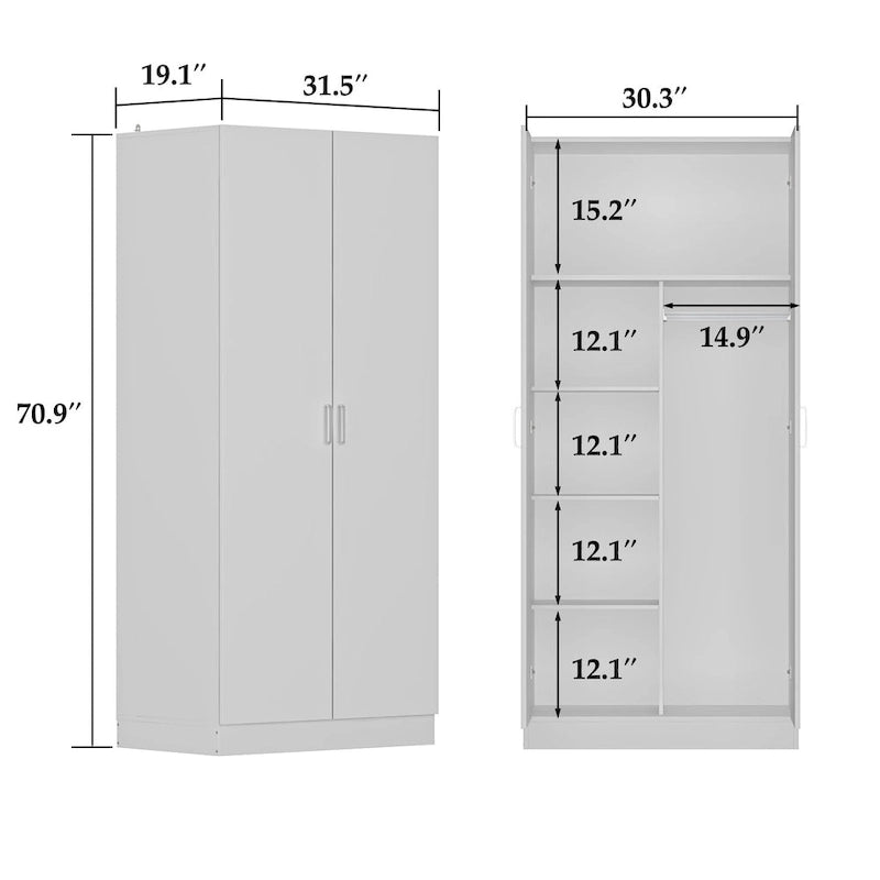 Kerrogee 5-Tier Wardrobe Armoire with 2-Door & Hanging Rod - 31.5L x 15.7W x 70.9H
