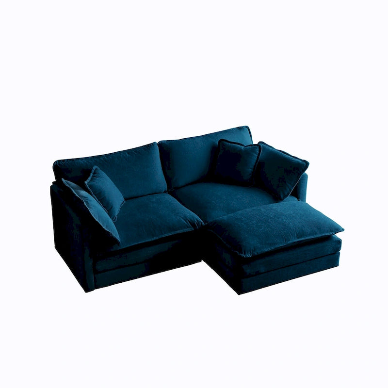 Chenille L-Shaped Sectional, 2 Seater Loveseat with Ottoman Blue