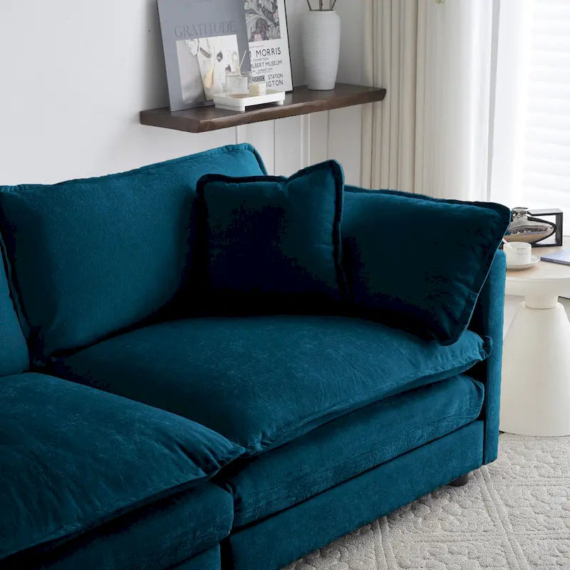 Chenille L-Shaped Sectional, 2 Seater Loveseat with Ottoman Blue
