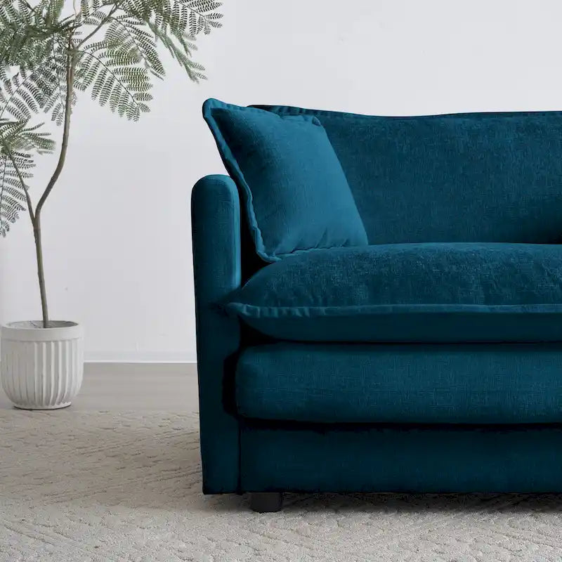 Chenille L-Shaped Sectional, 2 Seater Loveseat with Ottoman Blue