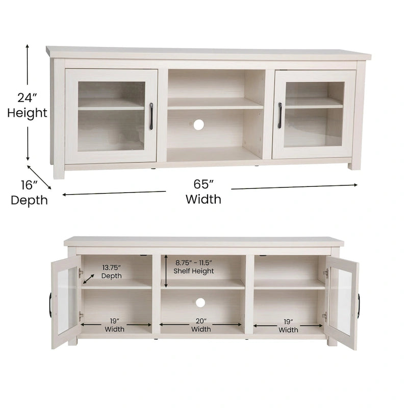 Classic TV Stand for up to 80 TVs-Glass Fronted Doors-Modern Finish - 65W x 16D x 23.625H