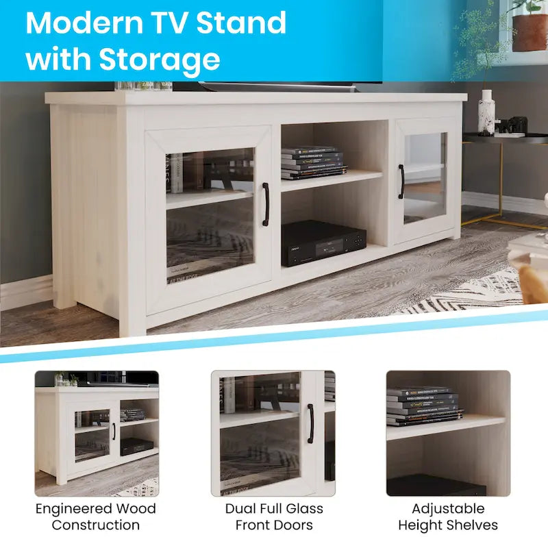 Classic TV Stand for up to 80 TVs-Glass Fronted Doors-Modern Finish - 65W x 16D x 23.625H