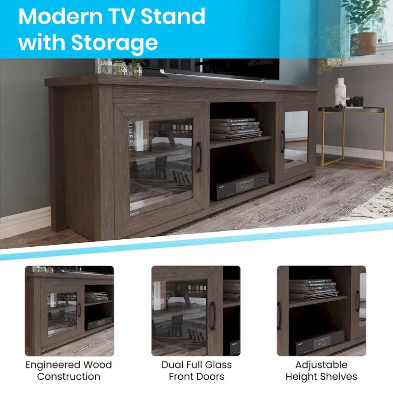 Classic TV Stand for up to 80 TVs-Glass Fronted Doors-Modern Finish - 65W x 16D x 23.625H