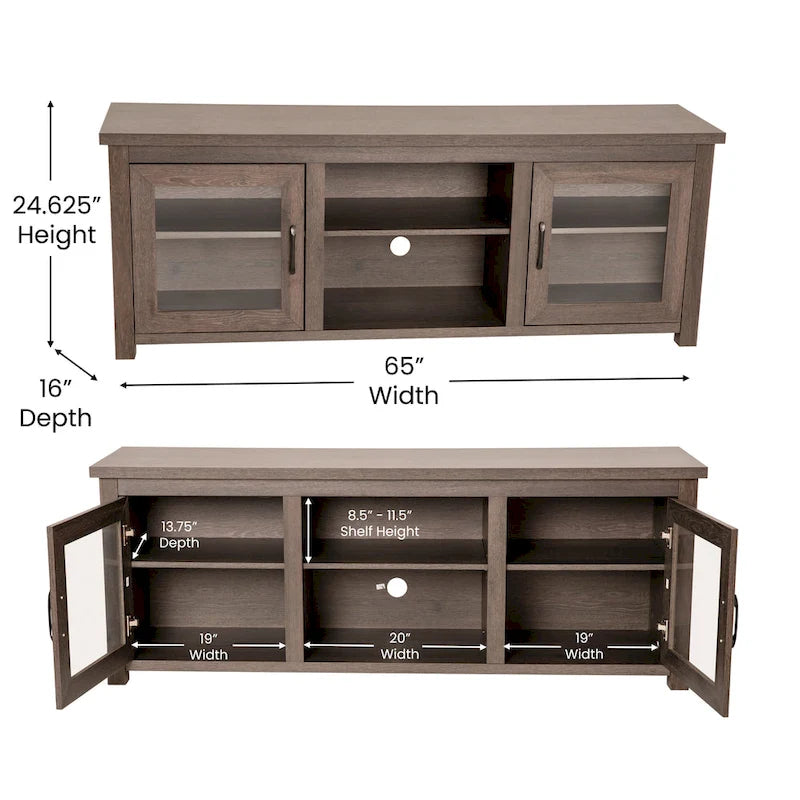 Classic TV Stand for up to 80 TVs-Glass Fronted Doors-Modern Finish - 65W x 16D x 23.625H