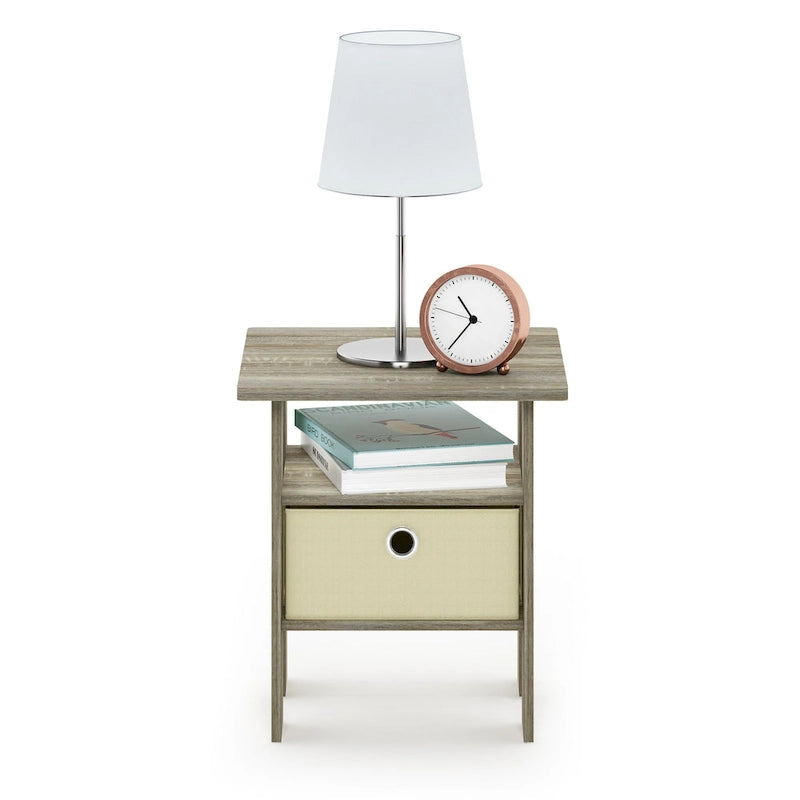 Furinno Andrey End Table Nightstand with Bin Drawer, Sonoma Oak/Ivory