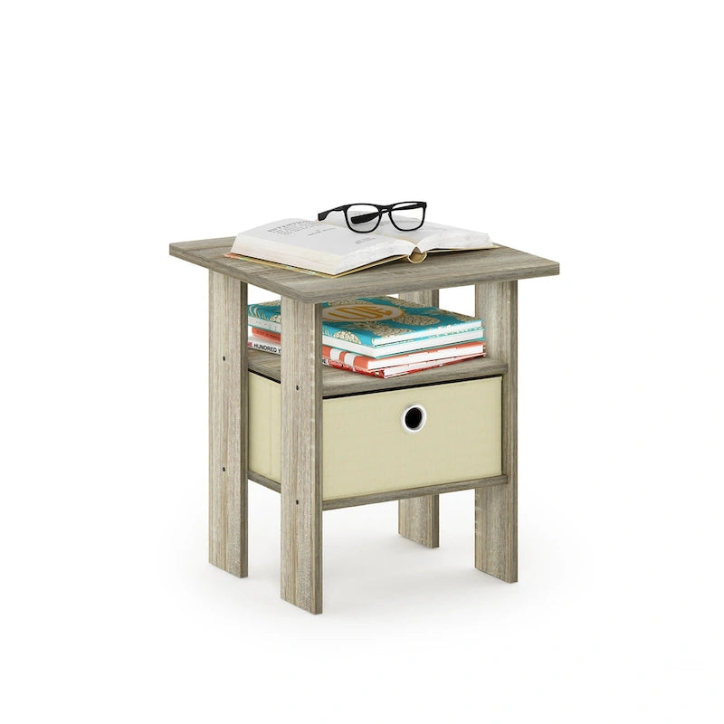 Furinno Andrey End Table Nightstand with Bin Drawer, Sonoma Oak/Ivory