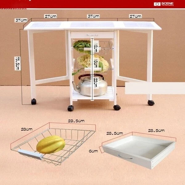 Folding Rolling Wood Trolley Island Kitchen Cart w/2 Baskets&1 Drawer