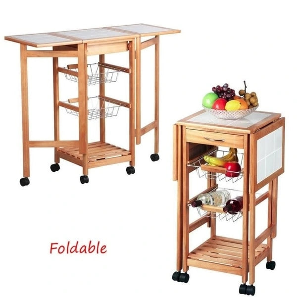Folding Rolling Wood Trolley Island Kitchen Cart w/2 Baskets&1 Drawer