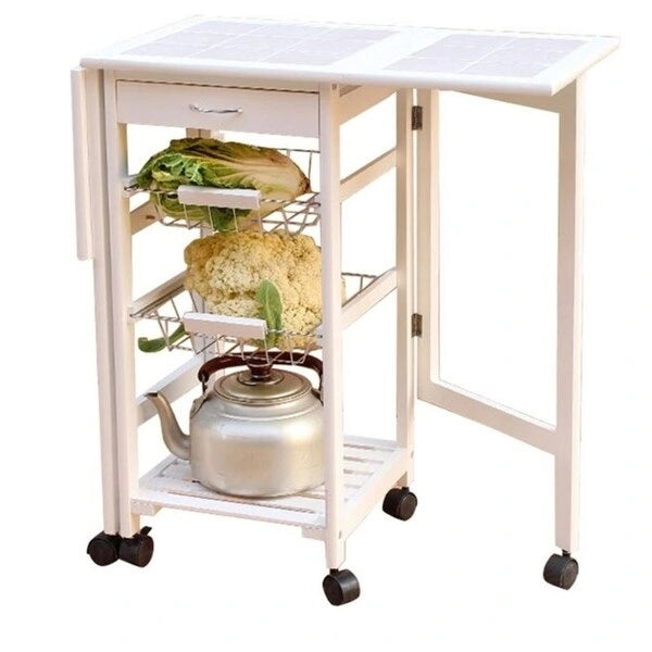 Folding Rolling Wood Trolley Island Kitchen Cart w/2 Baskets&1 Drawer