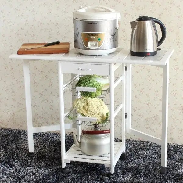 Folding Rolling Wood Trolley Island Kitchen Cart w/2 Baskets&1 Drawer