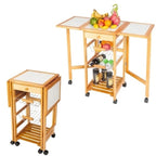 Folding Rolling Wood Trolley Island Kitchen Cart w/2 Baskets&1 Drawer