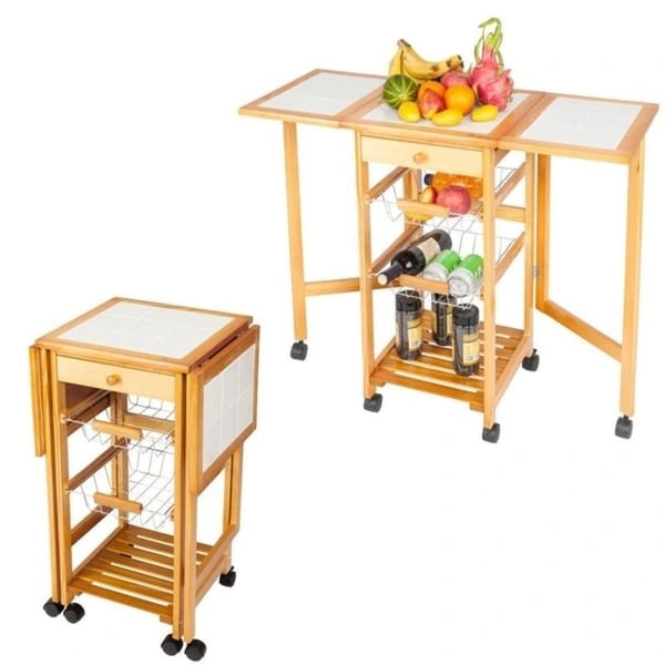 Folding Rolling Wood Trolley Island Kitchen Cart w/2 Baskets&1 Drawer