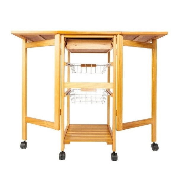 Folding Rolling Wood Trolley Island Kitchen Cart w/2 Baskets&1 Drawer