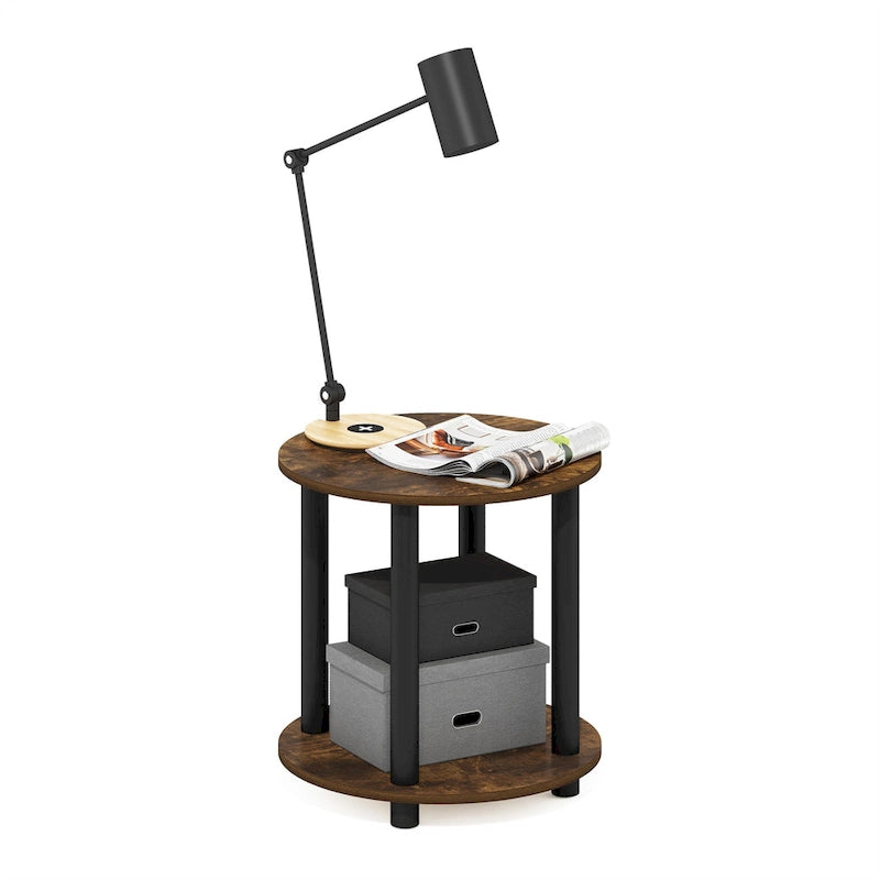 Furinno Turn-N-Tube 2-Tier Round Wooden End Table, Marble White