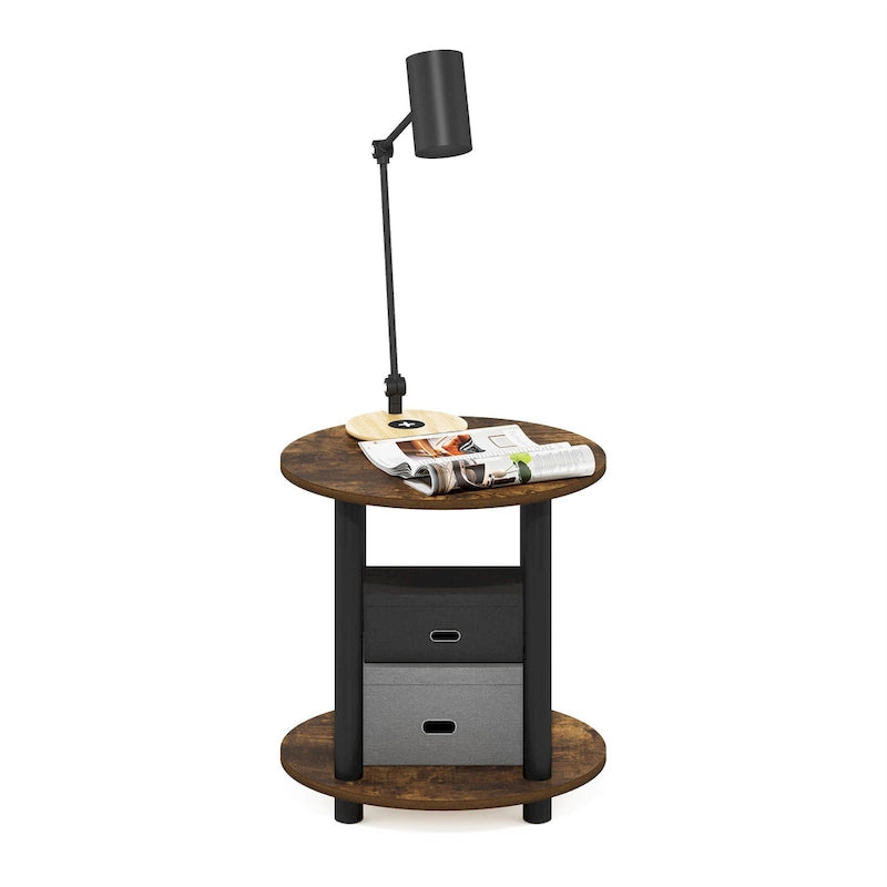 Furinno Turn-N-Tube 2-Tier Round Wooden End Table, Marble White