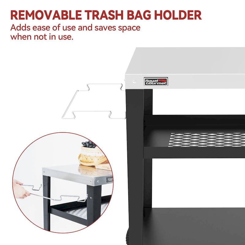Royal Gourmet Movable 3-Shelf Grill Table with Removable Trash Bag Holder