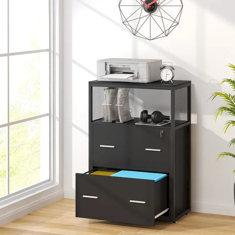 Walnut/ Black 2 Drawer Lateral File Cabinet with Open Storage Shelves, Industrial Filing Cabinet Printer Stand