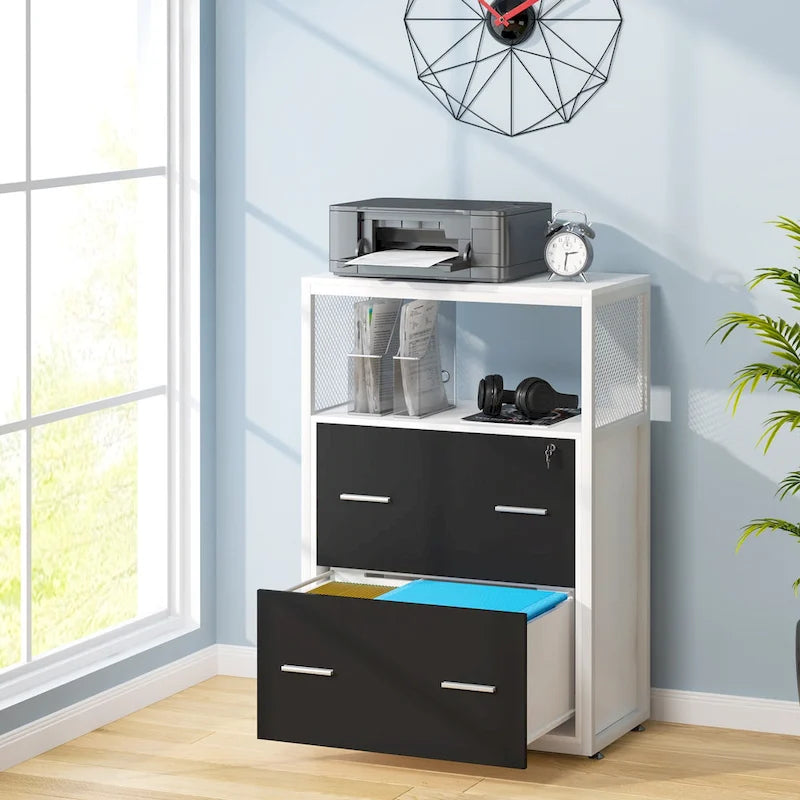 Walnut/ Black 2 Drawer Lateral File Cabinet with Open Storage Shelves, Industrial Filing Cabinet Printer Stand