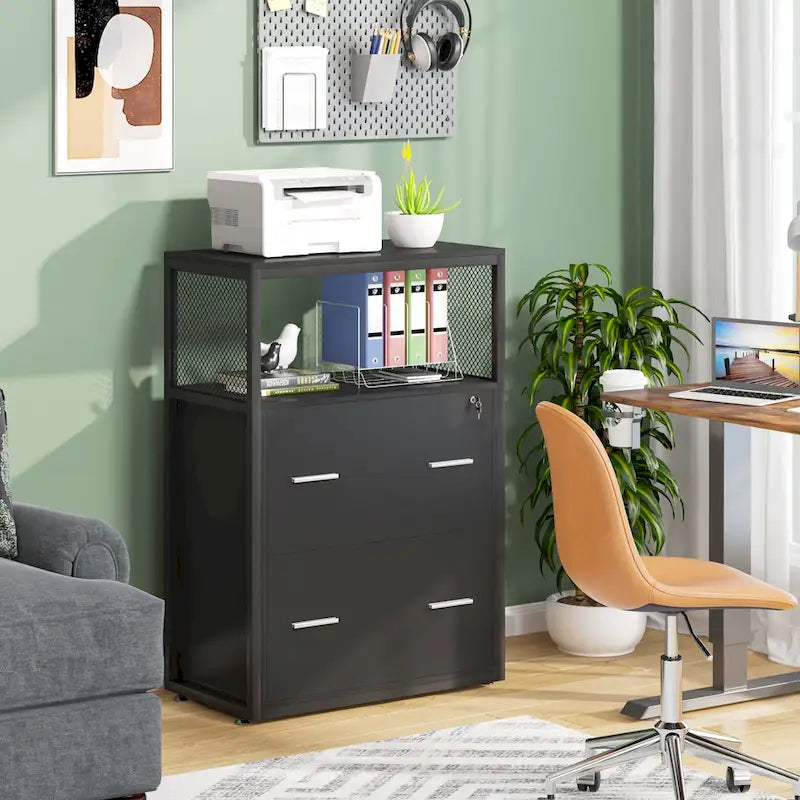 Walnut/ Black 2 Drawer Lateral File Cabinet with Open Storage Shelves, Industrial Filing Cabinet Printer Stand