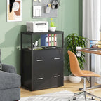 Walnut/ Black 2 Drawer Lateral File Cabinet with Open Storage Shelves, Industrial Filing Cabinet Printer Stand