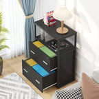 Walnut/ Black 2 Drawer Lateral File Cabinet with Open Storage Shelves, Industrial Filing Cabinet Printer Stand
