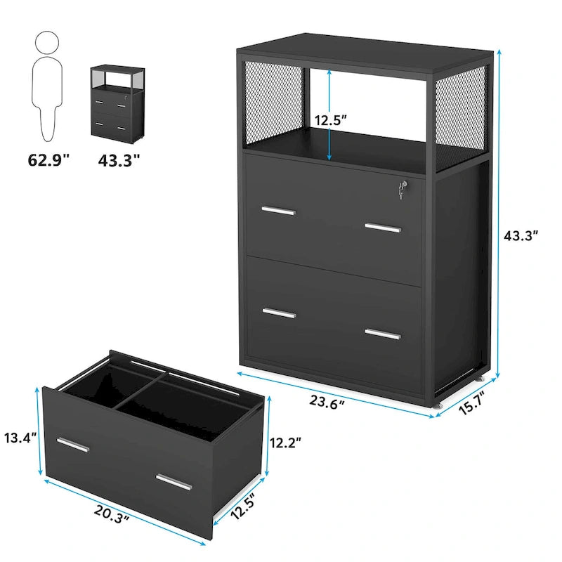 Walnut/ Black 2 Drawer Lateral File Cabinet with Open Storage Shelves, Industrial Filing Cabinet Printer Stand
