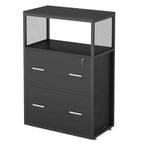 Walnut/ Black 2 Drawer Lateral File Cabinet with Open Storage Shelves, Industrial Filing Cabinet Printer Stand