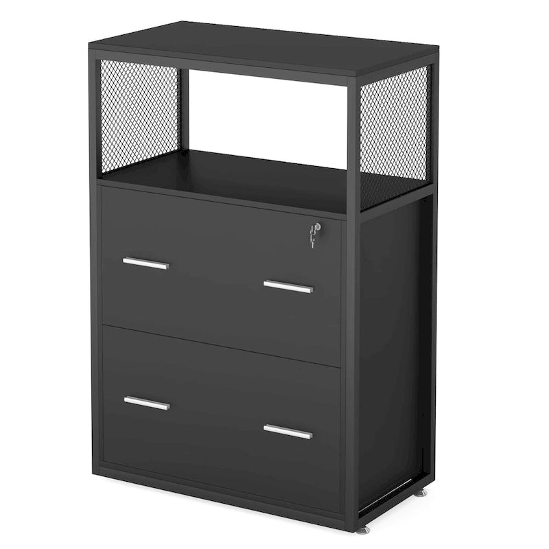 Walnut/ Black 2 Drawer Lateral File Cabinet with Open Storage Shelves, Industrial Filing Cabinet Printer Stand