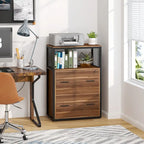 Walnut/ Black 2 Drawer Lateral File Cabinet with Open Storage Shelves, Industrial Filing Cabinet Printer Stand
