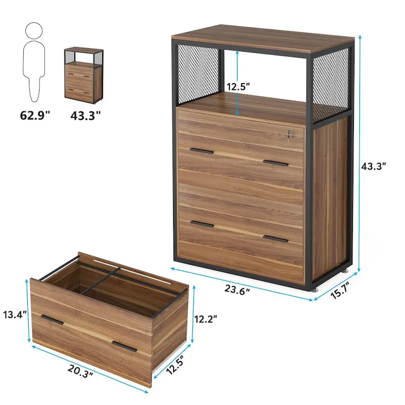 Walnut/ Black 2 Drawer Lateral File Cabinet with Open Storage Shelves, Industrial Filing Cabinet Printer Stand