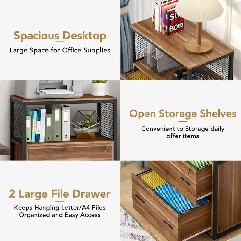 Walnut/ Black 2 Drawer Lateral File Cabinet with Open Storage Shelves, Industrial Filing Cabinet Printer Stand