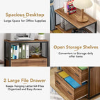 Walnut/ Black 2 Drawer Lateral File Cabinet with Open Storage Shelves, Industrial Filing Cabinet Printer Stand