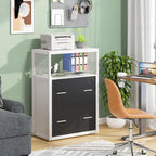 Walnut/ Black 2 Drawer Lateral File Cabinet with Open Storage Shelves, Industrial Filing Cabinet Printer Stand