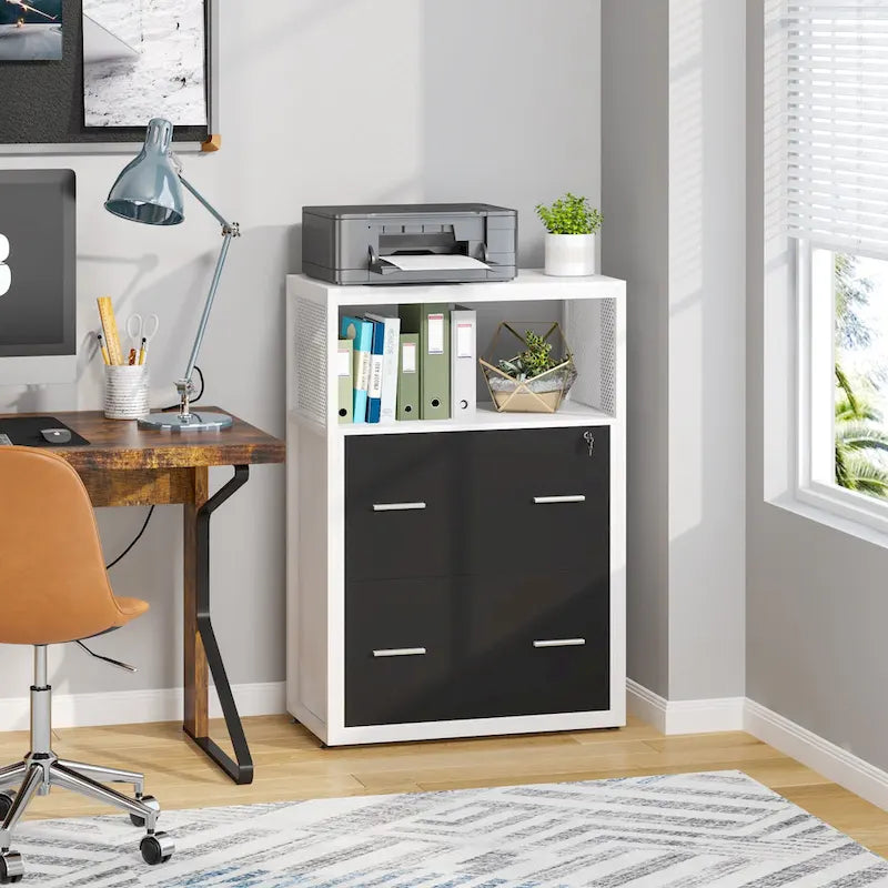 Walnut/ Black 2 Drawer Lateral File Cabinet with Open Storage Shelves, Industrial Filing Cabinet Printer Stand
