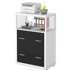 Walnut/ Black 2 Drawer Lateral File Cabinet with Open Storage Shelves, Industrial Filing Cabinet Printer Stand