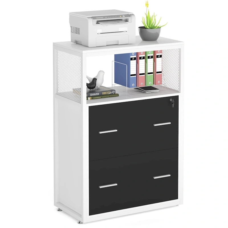 Walnut/ Black 2 Drawer Lateral File Cabinet with Open Storage Shelves, Industrial Filing Cabinet Printer Stand