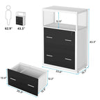 Walnut/ Black 2 Drawer Lateral File Cabinet with Open Storage Shelves, Industrial Filing Cabinet Printer Stand