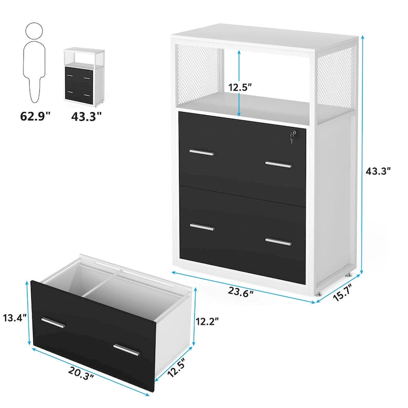Walnut/ Black 2 Drawer Lateral File Cabinet with Open Storage Shelves, Industrial Filing Cabinet Printer Stand