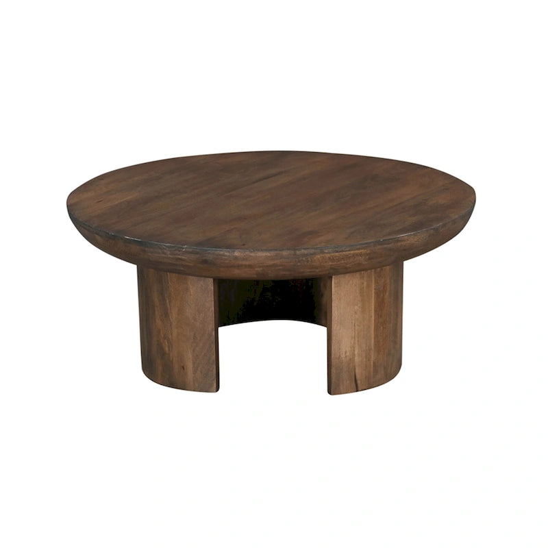 35 Inch Coffee Table, Handcrafted Round Mango Wood Top, Modern Curved Tripod Legs, Walnut Brown