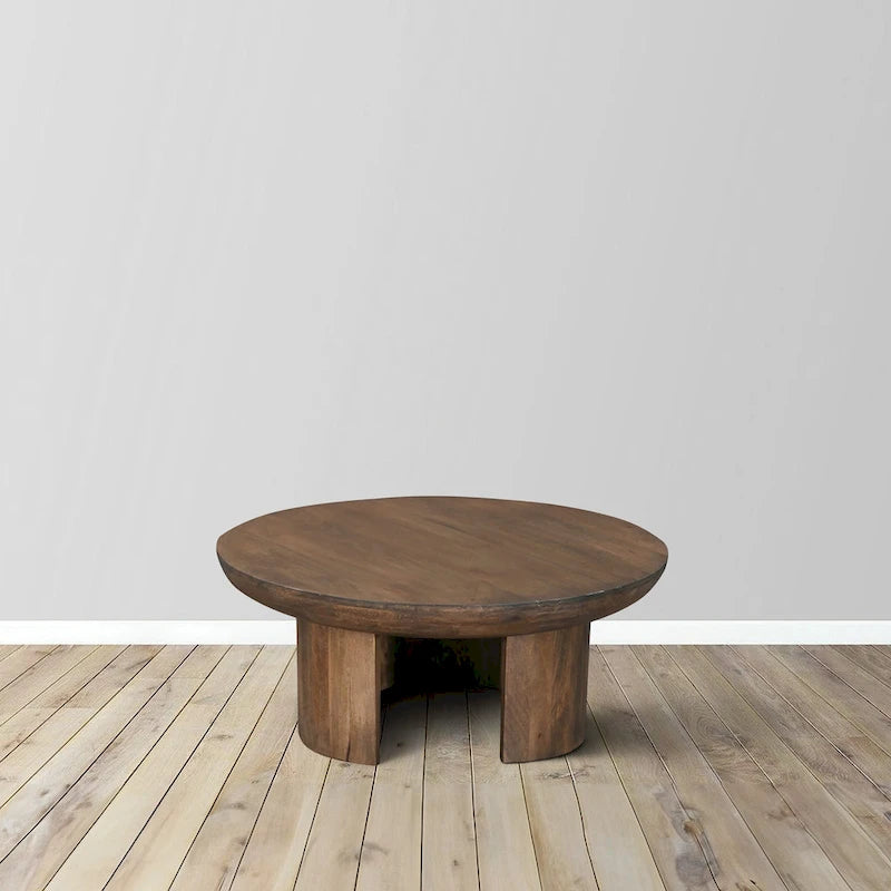 35 Inch Coffee Table, Handcrafted Round Mango Wood Top, Modern Curved Tripod Legs, Walnut Brown