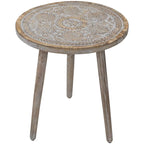 21 Antique Gray Engraved Round Tri Leg Wooden Side Table