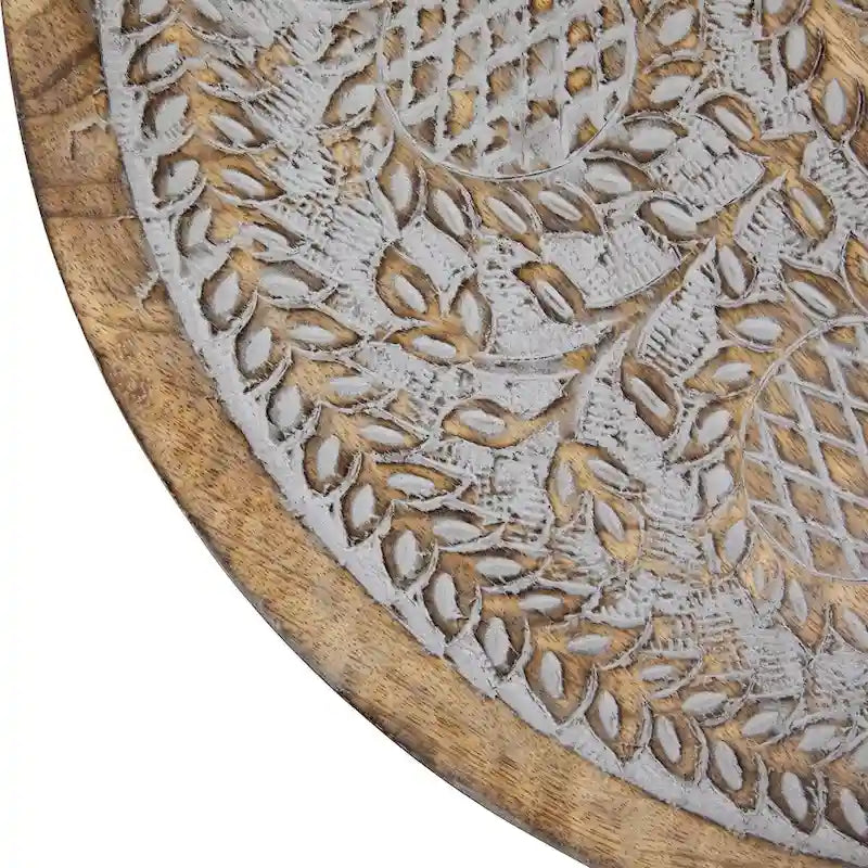 21 Antique Gray Engraved Round Tri Leg Wooden Side Table