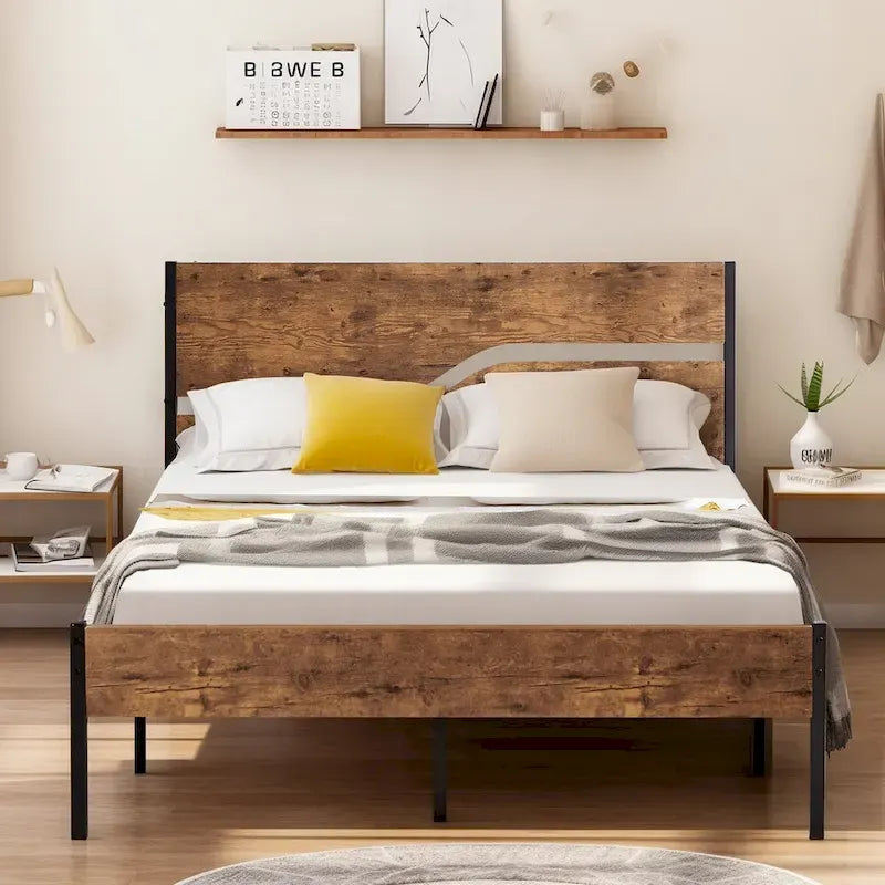 Javlergo Metal Platform Bed Frame with Wooden Headboard and Footboard, Industrial Metal Bedframe No Box Spring Needed