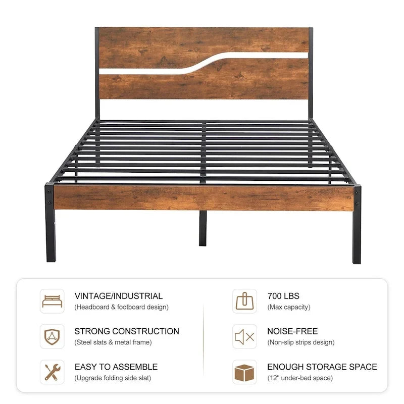 Javlergo Metal Platform Bed Frame with Wooden Headboard and Footboard, Industrial Metal Bedframe No Box Spring Needed