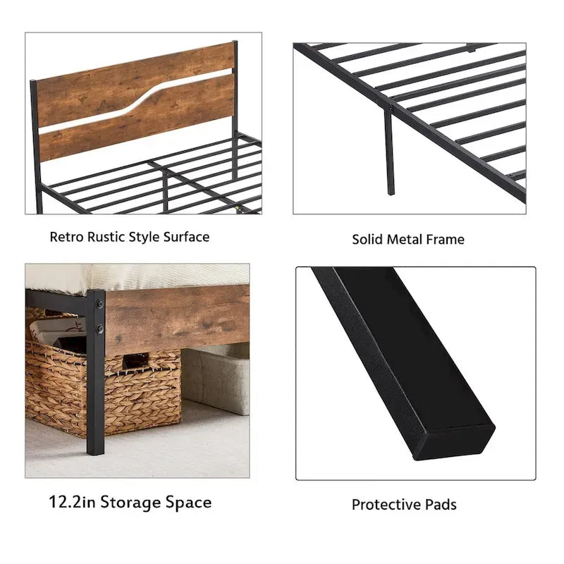 Javlergo Metal Platform Bed Frame with Wooden Headboard and Footboard, Industrial Metal Bedframe No Box Spring Needed