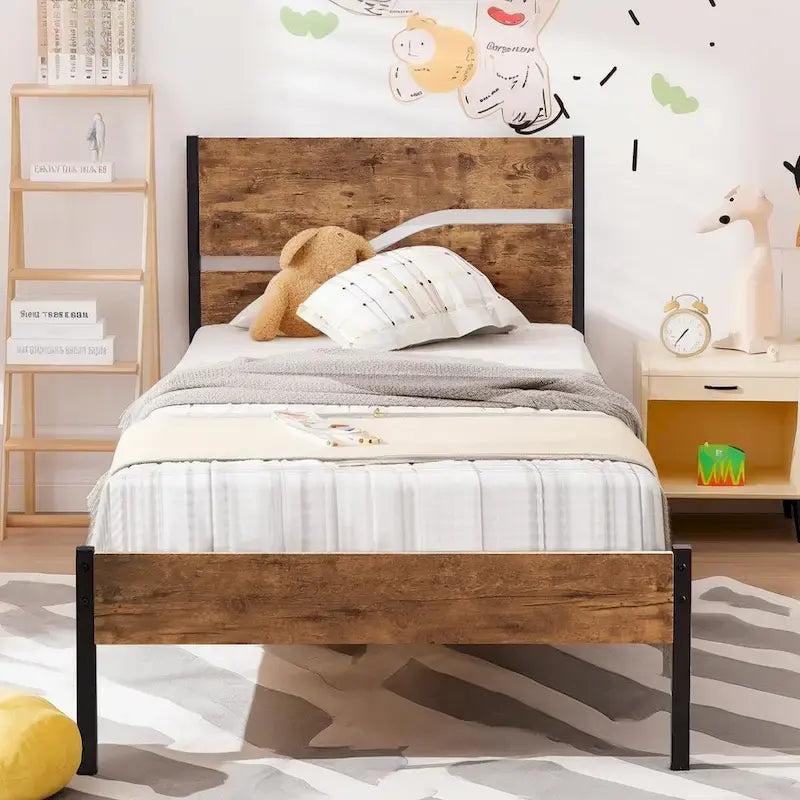 Javlergo Metal Platform Bed Frame with Wooden Headboard and Footboard, Industrial Metal Bedframe No Box Spring Needed