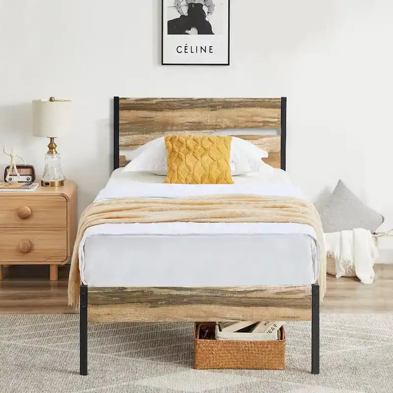 Javlergo Metal Platform Bed Frame with Wooden Headboard and Footboard, Industrial Metal Bedframe No Box Spring Needed