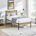 Javlergo Metal Platform Bed Frame with Wooden Headboard and Footboard, Industrial Metal Bedframe No Box Spring Needed