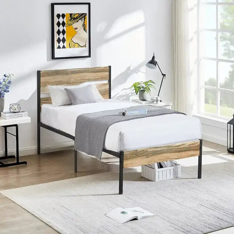 Javlergo Metal Platform Bed Frame with Wooden Headboard and Footboard, Industrial Metal Bedframe No Box Spring Needed