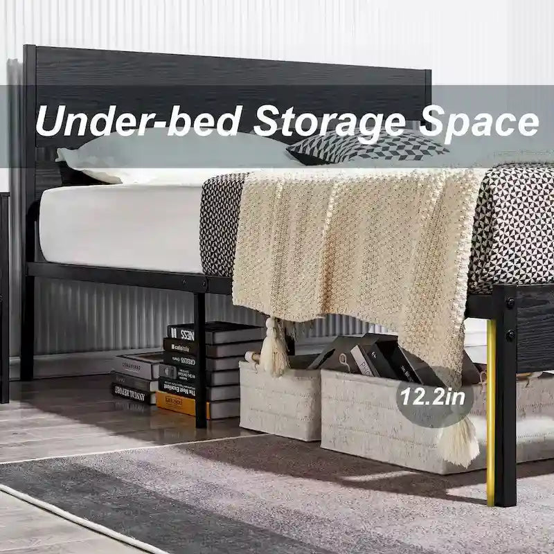 Javlergo Metal Platform Bed Frame with Wooden Headboard and Footboard, Industrial Metal Bedframe No Box Spring Needed